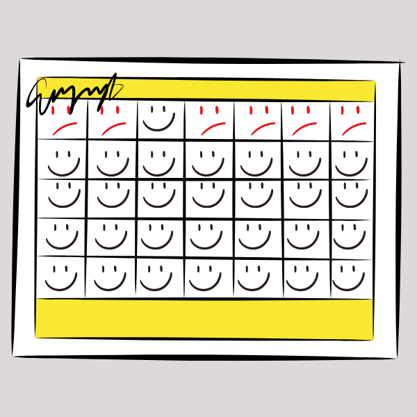 A monthly calendar is depicted. The first week has mostly sad faces with one happy face. The remaining three weeks have smiley faces drawn in every day
