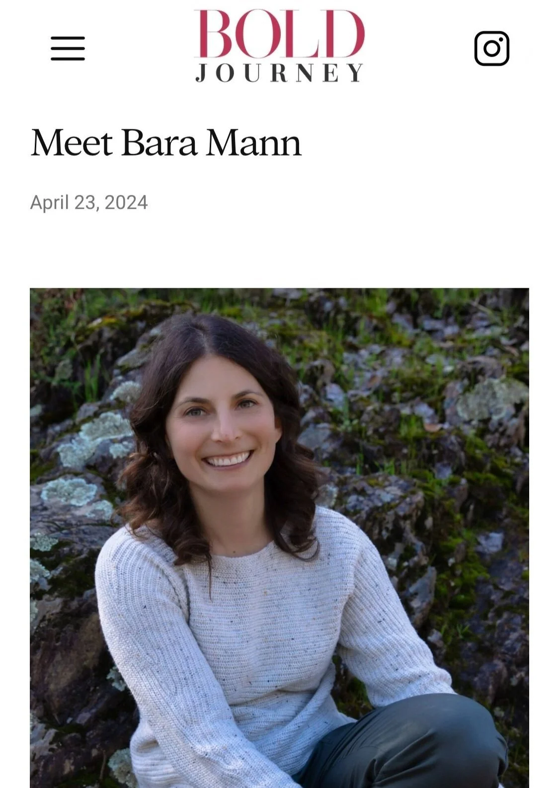 Text says "Bold Journey" "Meet Bara Mann" "April 23, 2024" and has a photo of speaker Bara Mann below