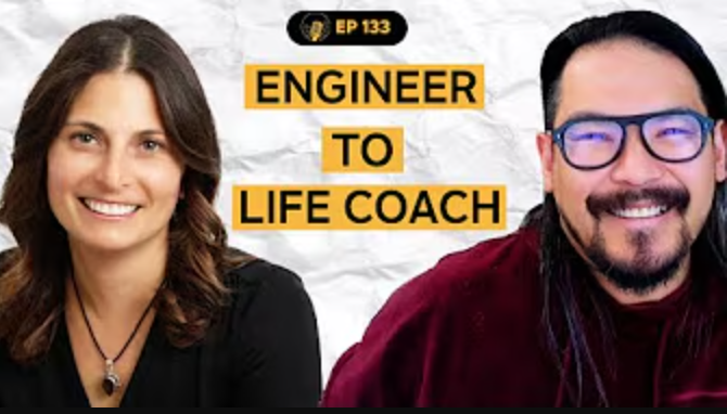 Guest speaker Bara Mann is next to the host with the text "Engineer to Life Coach"