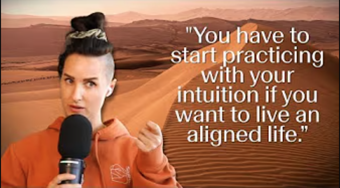 Podcast host with a microphone next to the text "You have to start practicing with your intuition if you want to live an aligned life." in front of a dessert background